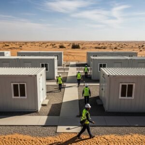 Crane installing modular housing units at a remote UAE construction site, prefabricated modules being lifted into position, workers wearing safety gear, sandy desert landscape, professional construction photography, sharp focus