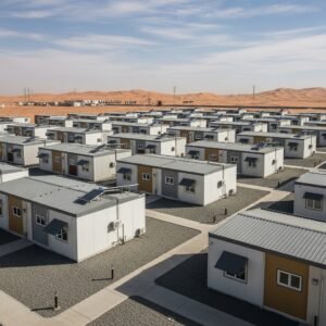 Crane installing modular housing units at a remote UAE construction site, prefabricated modules being lifted into position, workers wearing safety gear, sandy desert landscape, professional construction photography, sharp focus