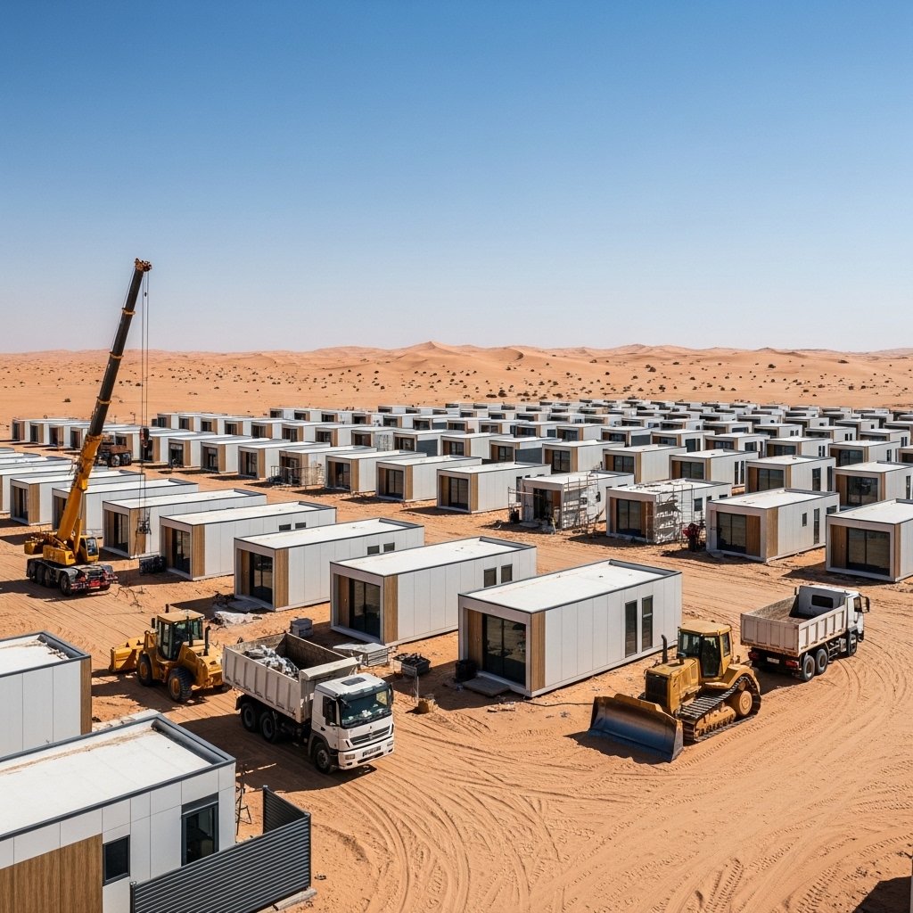 Crane installing modular housing units at a remote UAE construction site, prefabricated modules being lifted into position, workers wearing safety gear, sandy desert landscape, professional construction photography, sharp focus