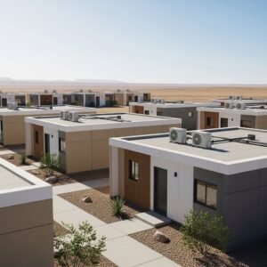 Crane installing modular housing units at a remote UAE construction site, prefabricated modules being lifted into position, workers wearing safety gear, sandy desert landscape, professional construction photography, sharp focus
