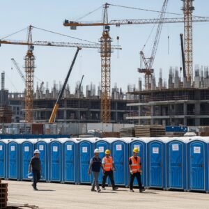 "Container portable toilets installed at a worksite, large container restroom unit with multiple doors, modular sanitation facility near portable cabins and site offices, industrial setting, realistic architectural photography."